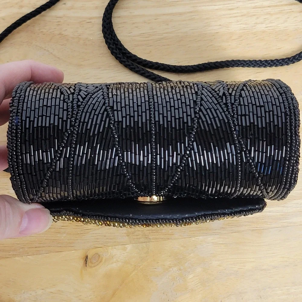 Sasha Handmade Beaded Evening Bag‎ Black Floral Crossbody Vintage Boho